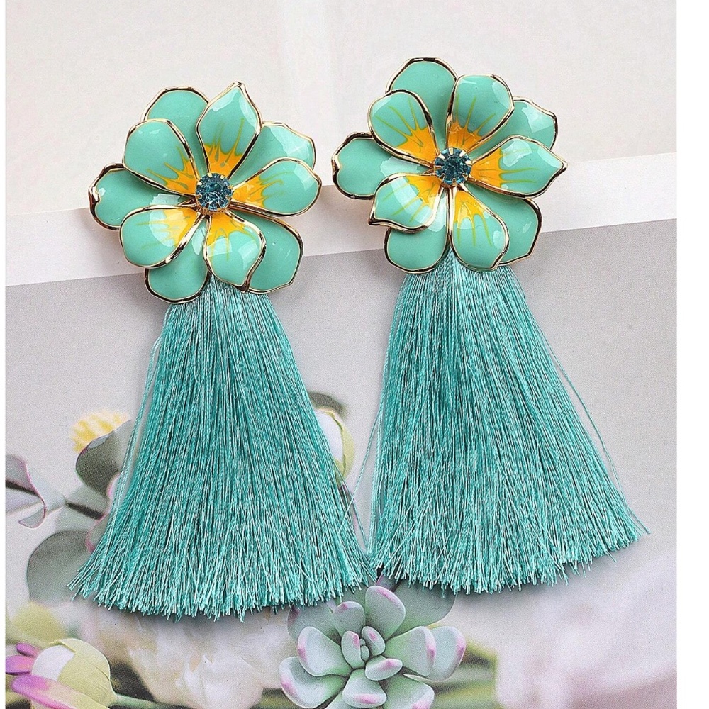 Mint Flower Tassel Gold Tone Statement Earrings
